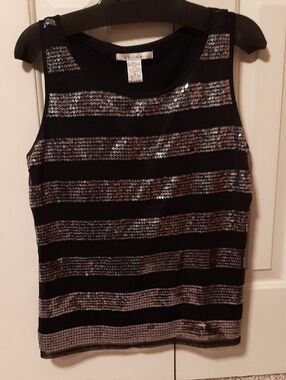 Sequin Stripe Sleeveless Top - Black & Silver